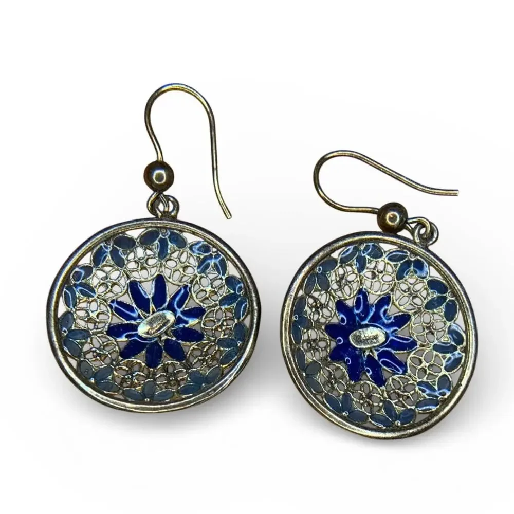 Italian Filigree 925 Silver Earrings | Blue Enamel Floral Drops